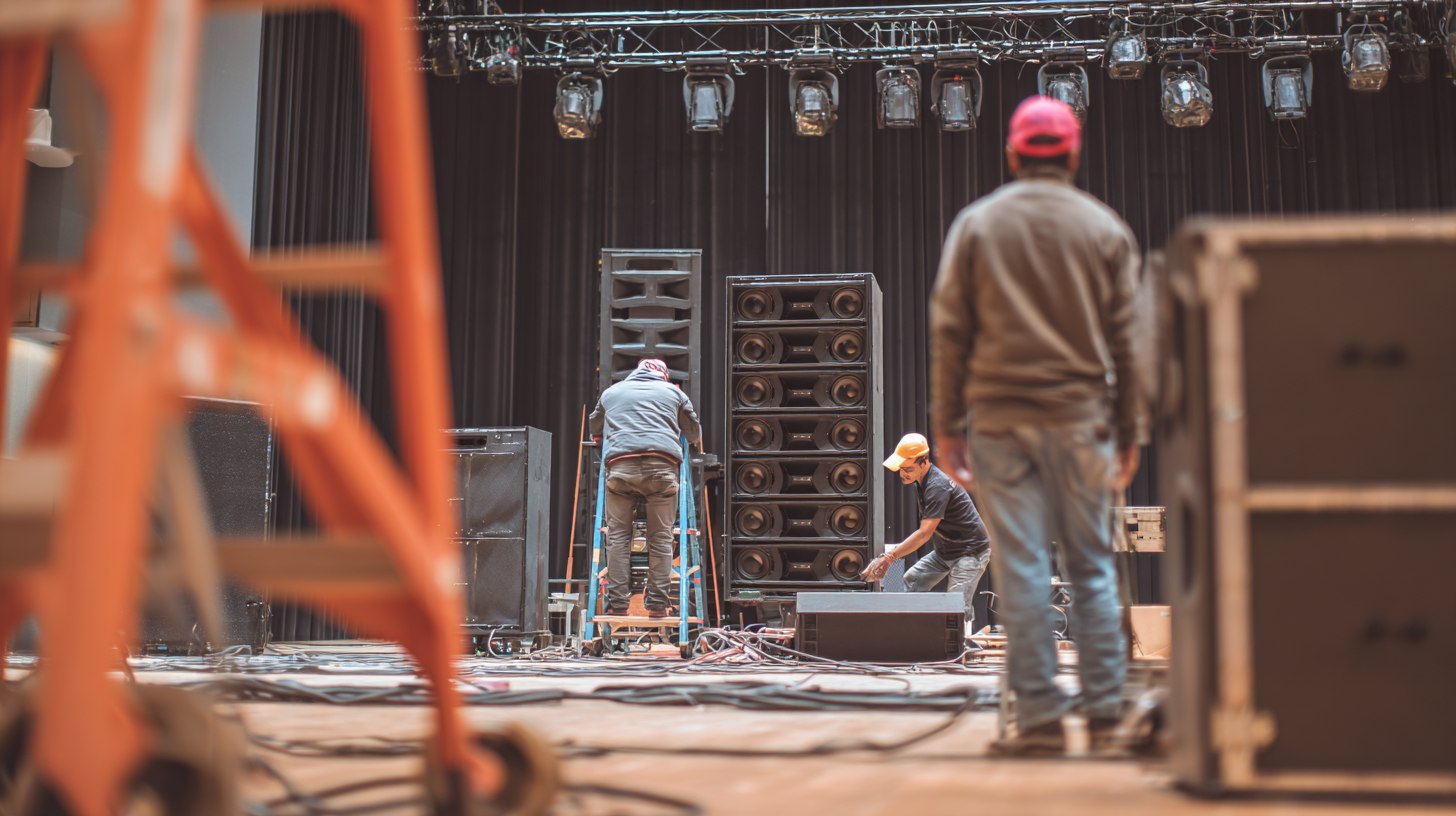 Technicians installing line array speakers on an auditorium stage